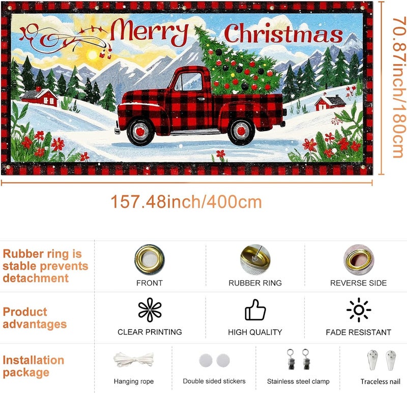 IVN Christmas Garage door banner Red Plaid Truck Christmas Tree Winter Mountain Scene Door Cover Indoor And Outdoor Studio Background Hanging Decoration 13x6ft - Image 3